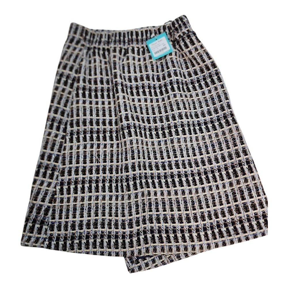 NWT Three Bows Scot Skirt Women Size 18 Navy Camel Tweed Metallic Preppy Chic